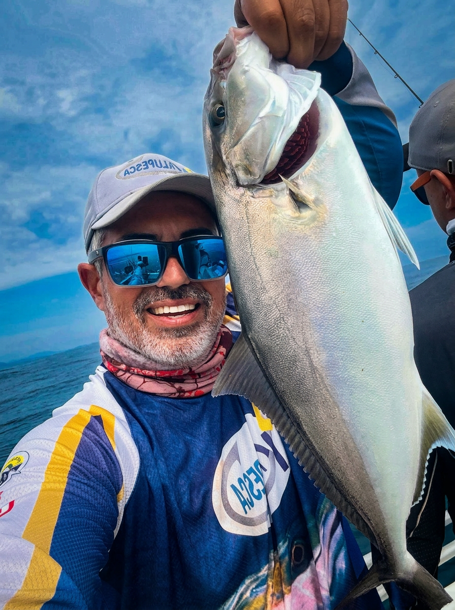 Márcio Kalu em alto-mar com peixe capturado durante pescaria esportiva em Ubatuba